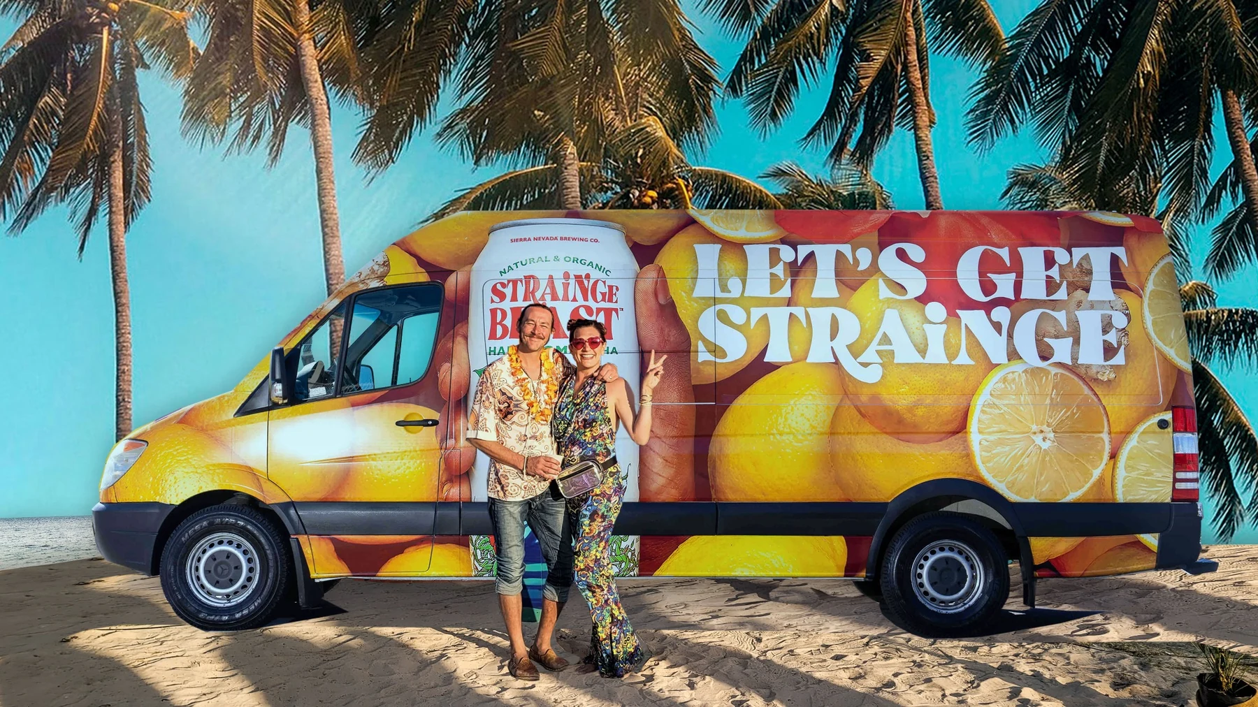 Kelen Eddy beside the Strange Beast branded promotional van on the California coast